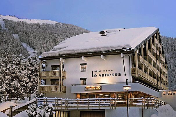 A modern, snow-covered 