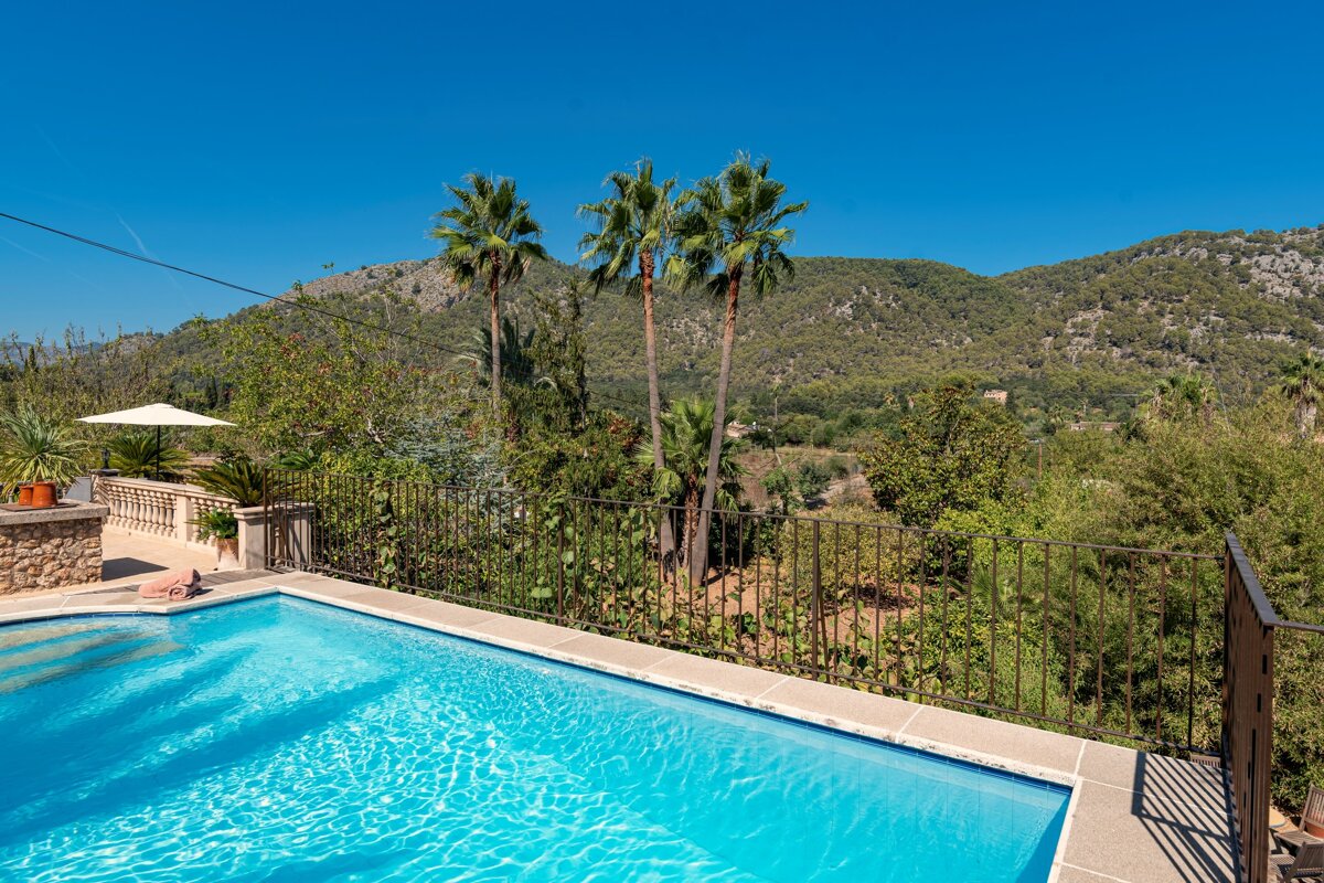 A swimming pool with palm trees and mountains in the background