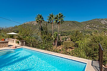 A swimming pool with palm trees and mountains in the background