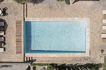 An aerial view of a large swimming pool