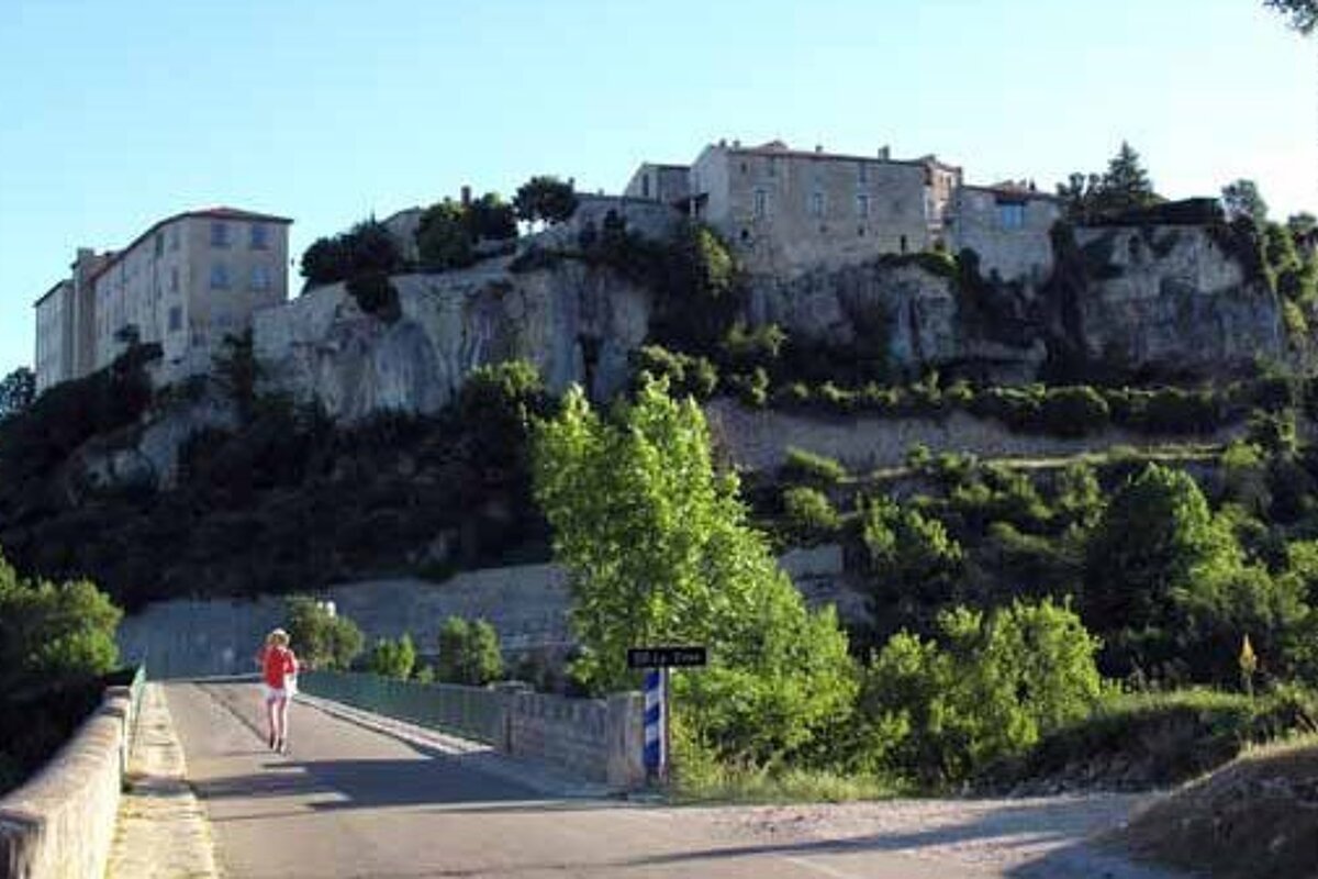 A woman is walking across a bridge with a castle in the background