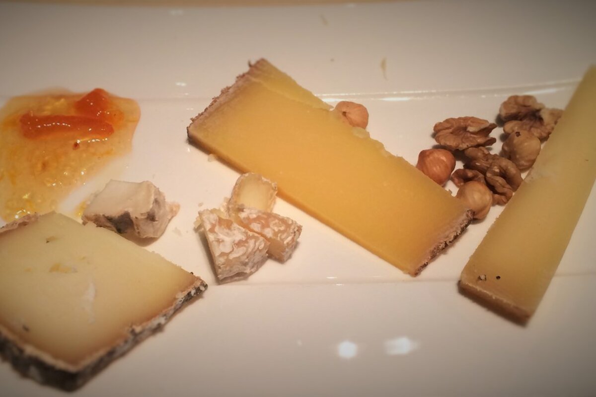 A white plate topped with different types of cheese and nuts