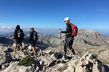A group of people hiking on top of a mountain