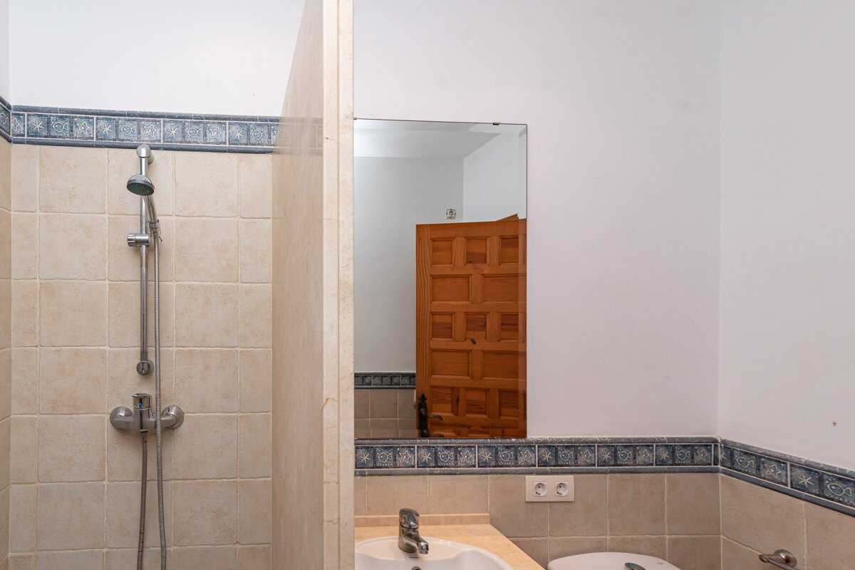 A tiled bathroom features a shower, a mirror reflecting a wooden door, and a sink area with decorative blue and white border tiles.