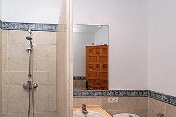 A tiled bathroom features a shower, a mirror reflecting a wooden door, and a sink area with decorative blue and white border tiles.