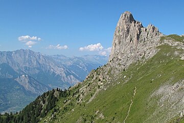 A mountain covered in grass and trees with a blue sky in the background