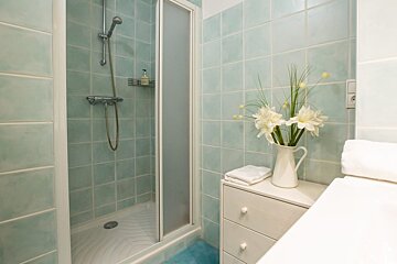 A bathroom with a shower and a vase of flowers