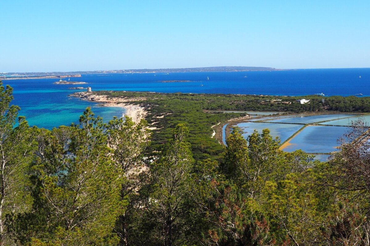 a view looking down to the beach of es cavallet & salt flats ibiza