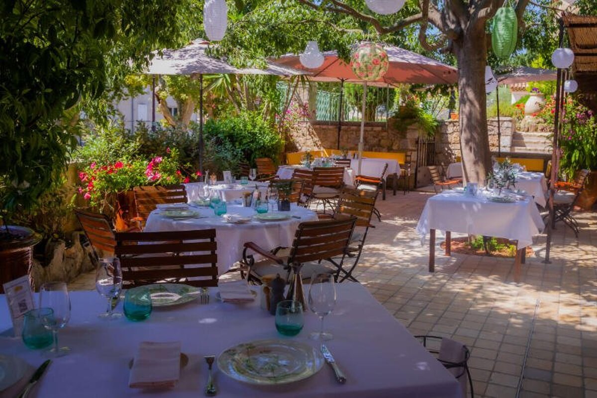 A restaurant patio with tables and chairs set for a meal
