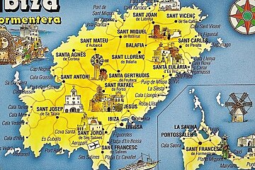 A map of ibiza shows places like santa gertrudis and jesus