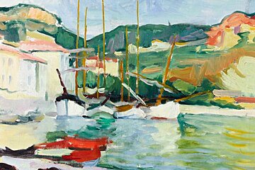 a painting of sail boats in harbour