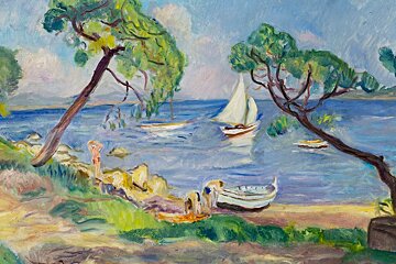 a painting of boats on the sea