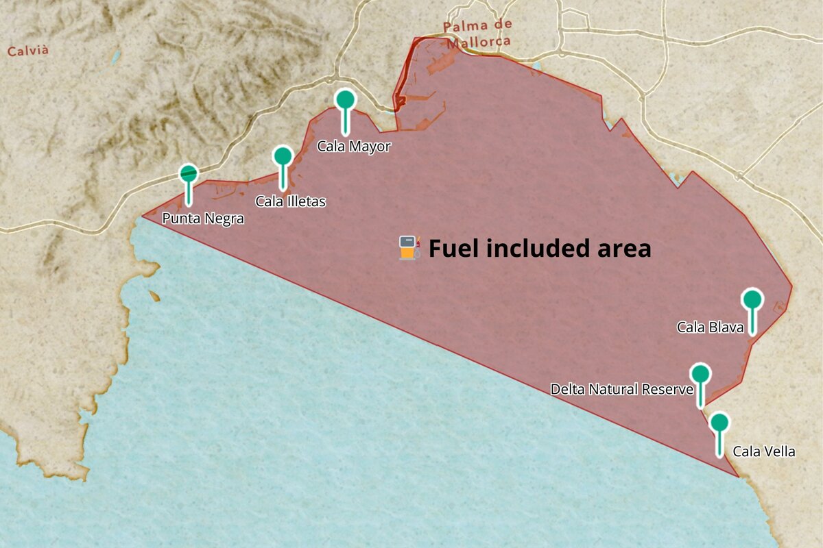 A map of Mallorca's coast shows a red-shaded 