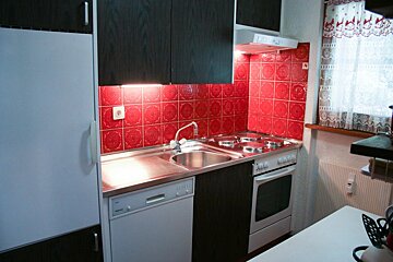 A kitchen with red tiles and a white dishwasher