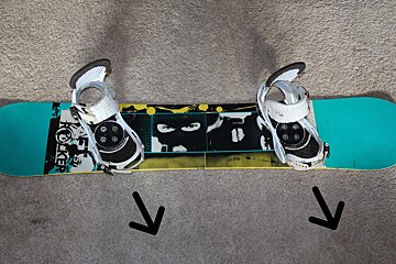 picture of snowboard with arrows explaining stance