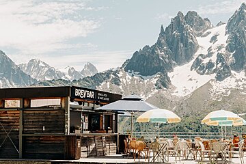 A brief bar with a mountain in the background