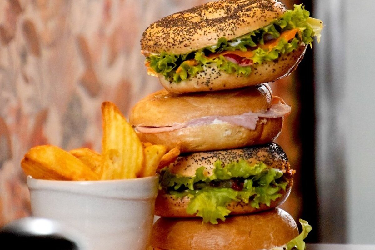 A stack of filled Bagels at Claudie Coffee in Les Gets
