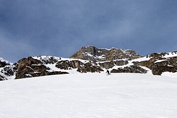 small skiers in the distance