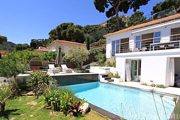 A large white house with a large swimming pool in front of it