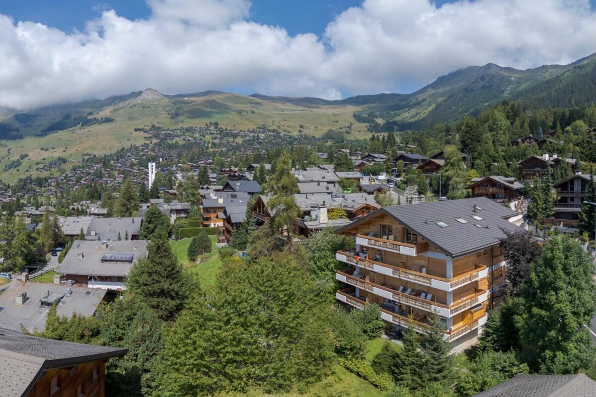 A building in the middle of a forest with mountains in the background