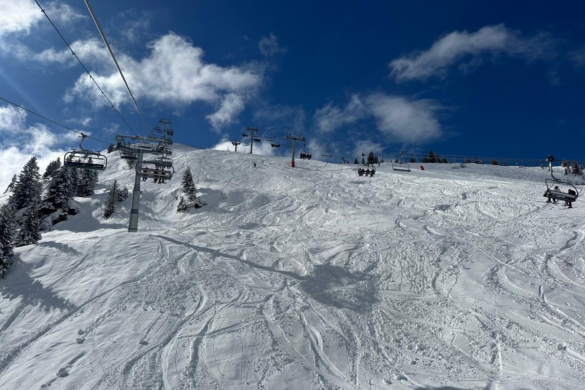 Avoriaz on a sunny day on the slopes after fresh snow