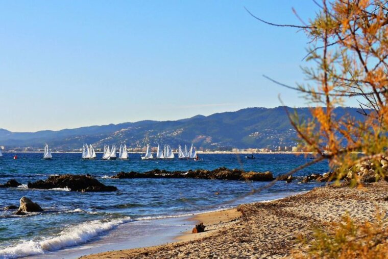 a view of an autumn beach in cannes & sail boats