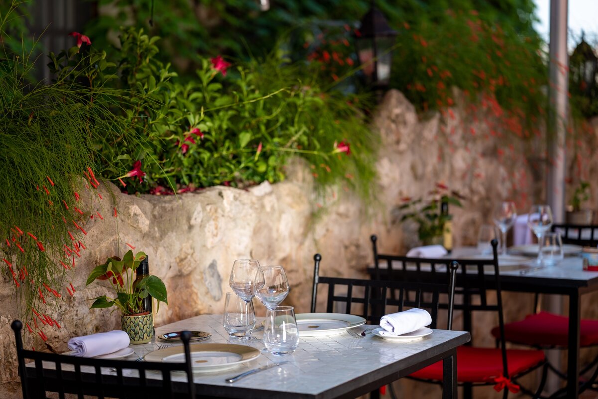 A restaurant table with plates and glasses on it