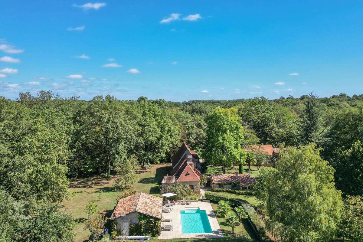 An aerial view of a house with a pool in the middle of a forest
