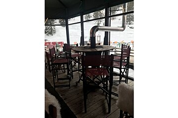 A restaurant with tables and chairs and a heater on the table