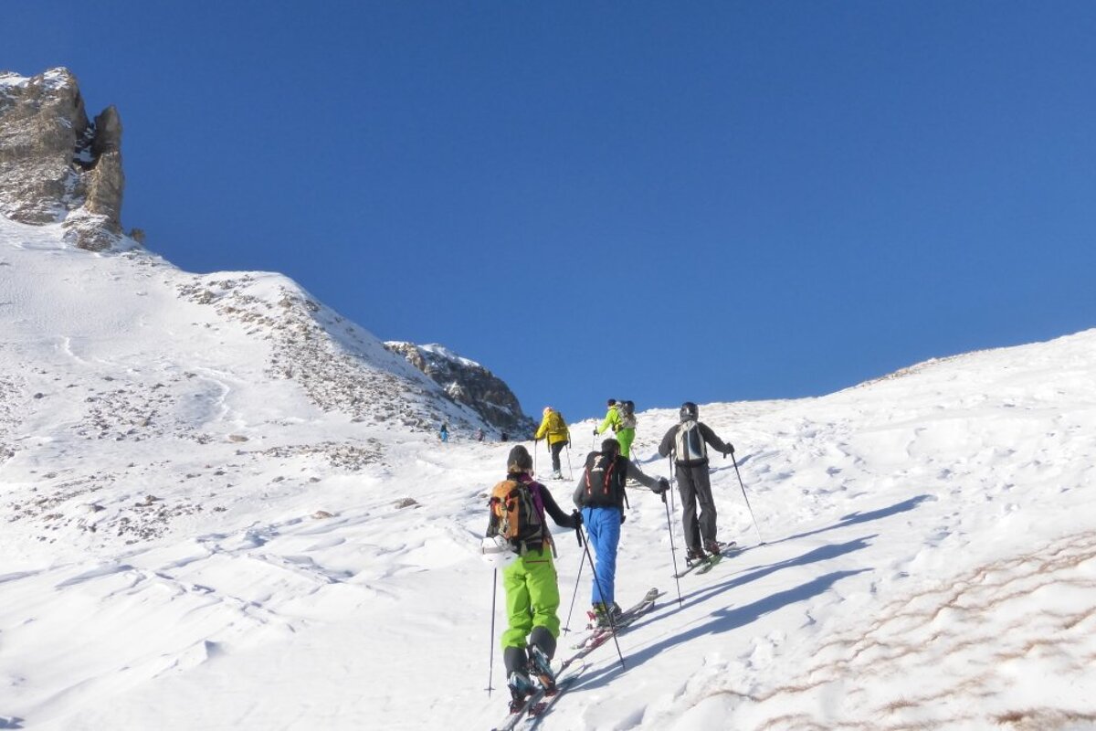 5 skiers touring up hill