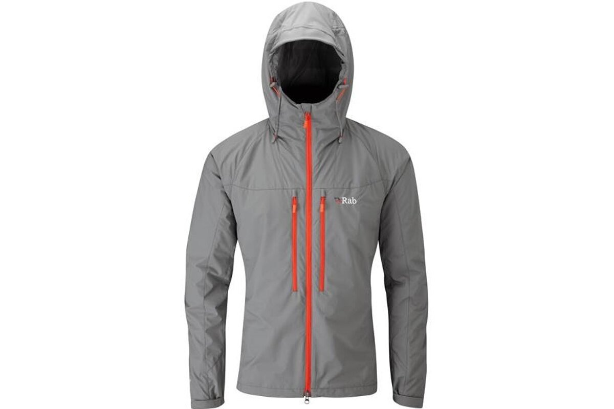 a grey jacket with red zips