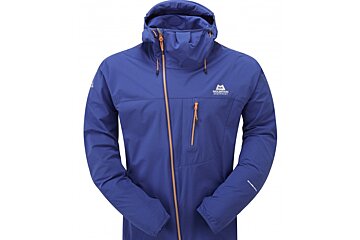 a blue jacket with orange zips