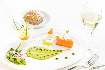 A plate of food and a glass of wine on a table