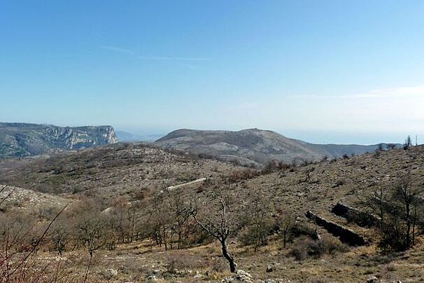 A view of a valley with mountains in the background