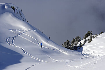 A person in a blue jacket is skiing down a snowy mountain