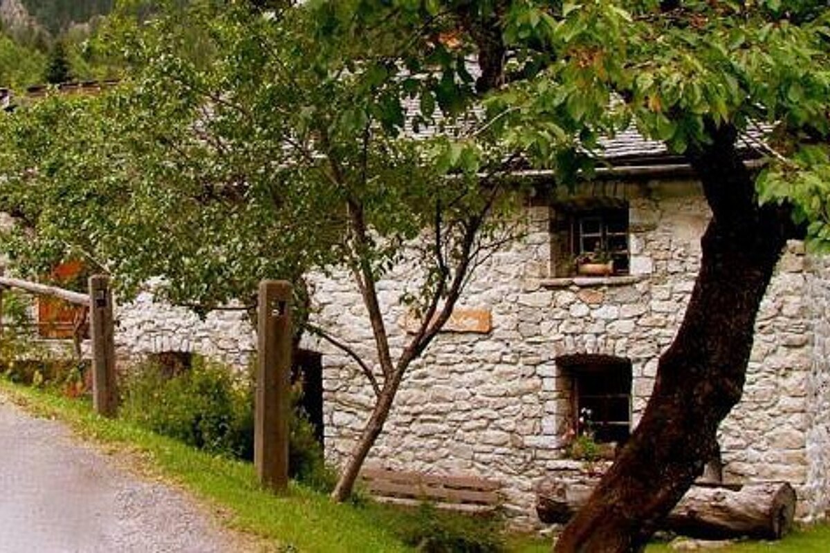 a stone building set behind trees