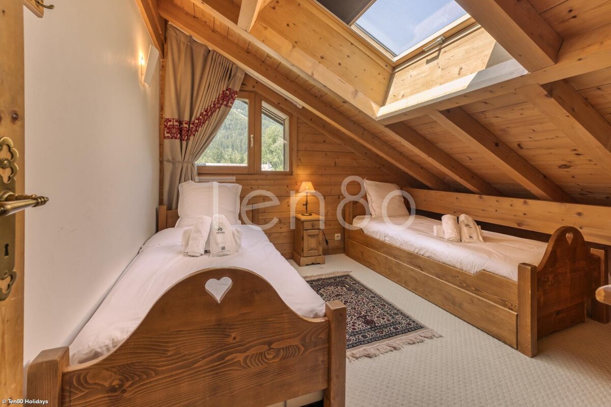 A bedroom with two beds and the number 80 on the wall