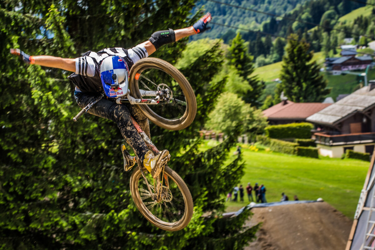 a biker jumping through the air