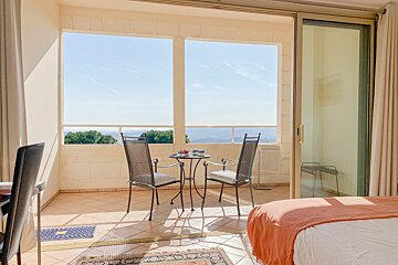 A balcony with two chairs and a table with cups on it