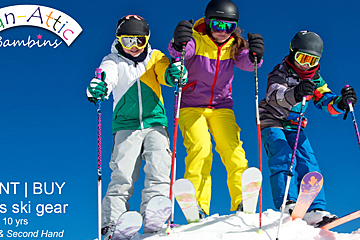 A poster for fantastic bambins shows three people skiing