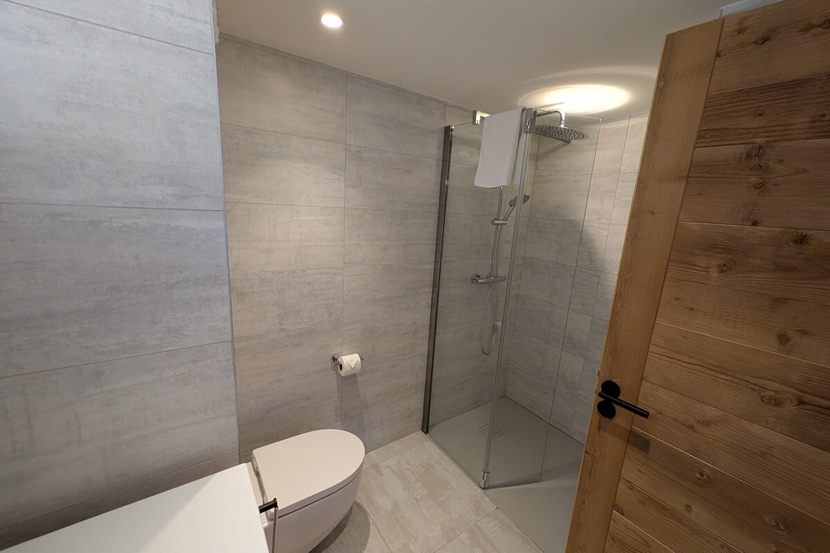 A bathroom with a toilet and a walk in shower