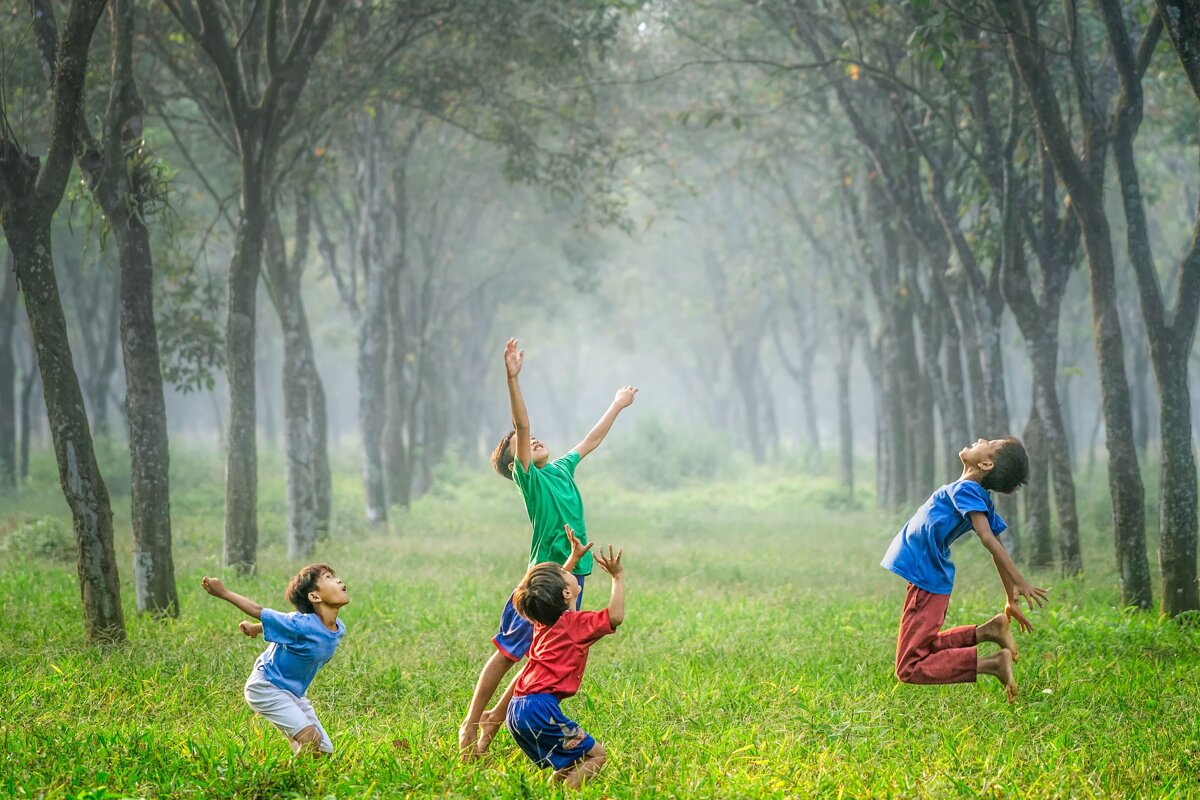 A group of children are playing in a field with trees in the background