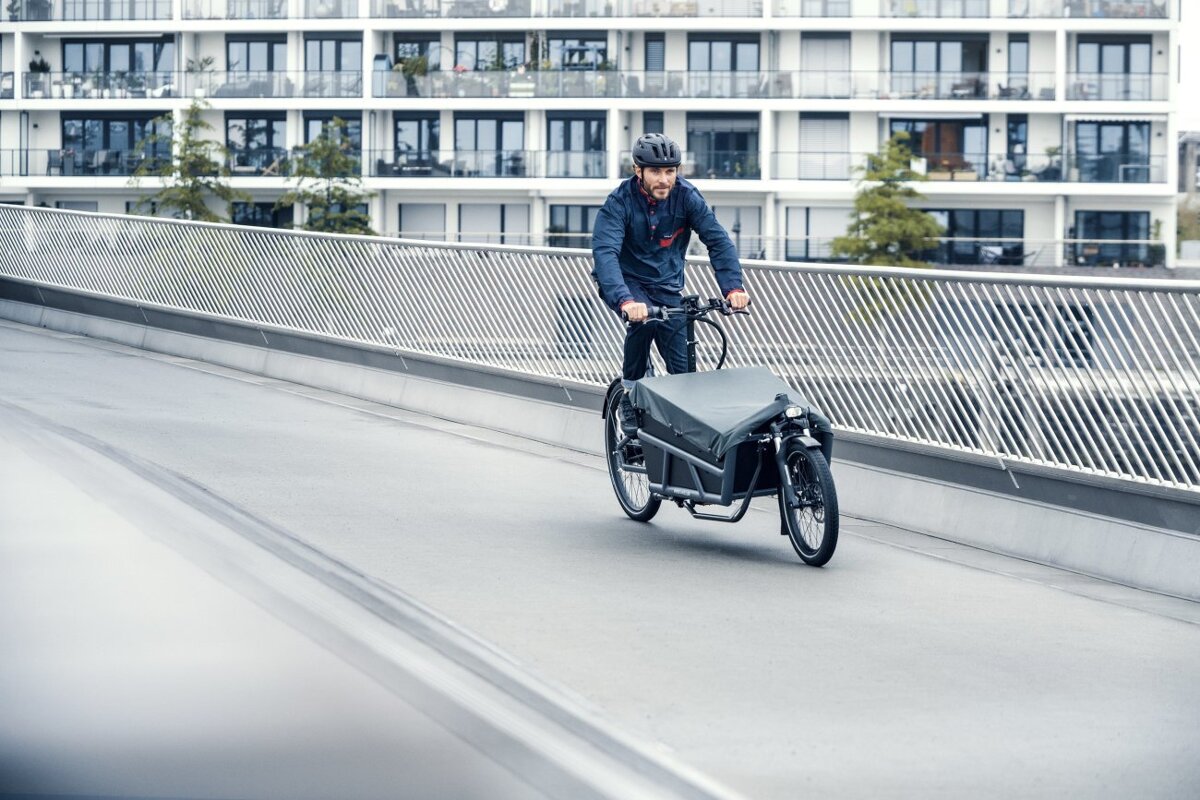 A man is riding a cargo bike on a bridge