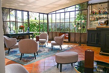 A room with a lot of chairs and a bar