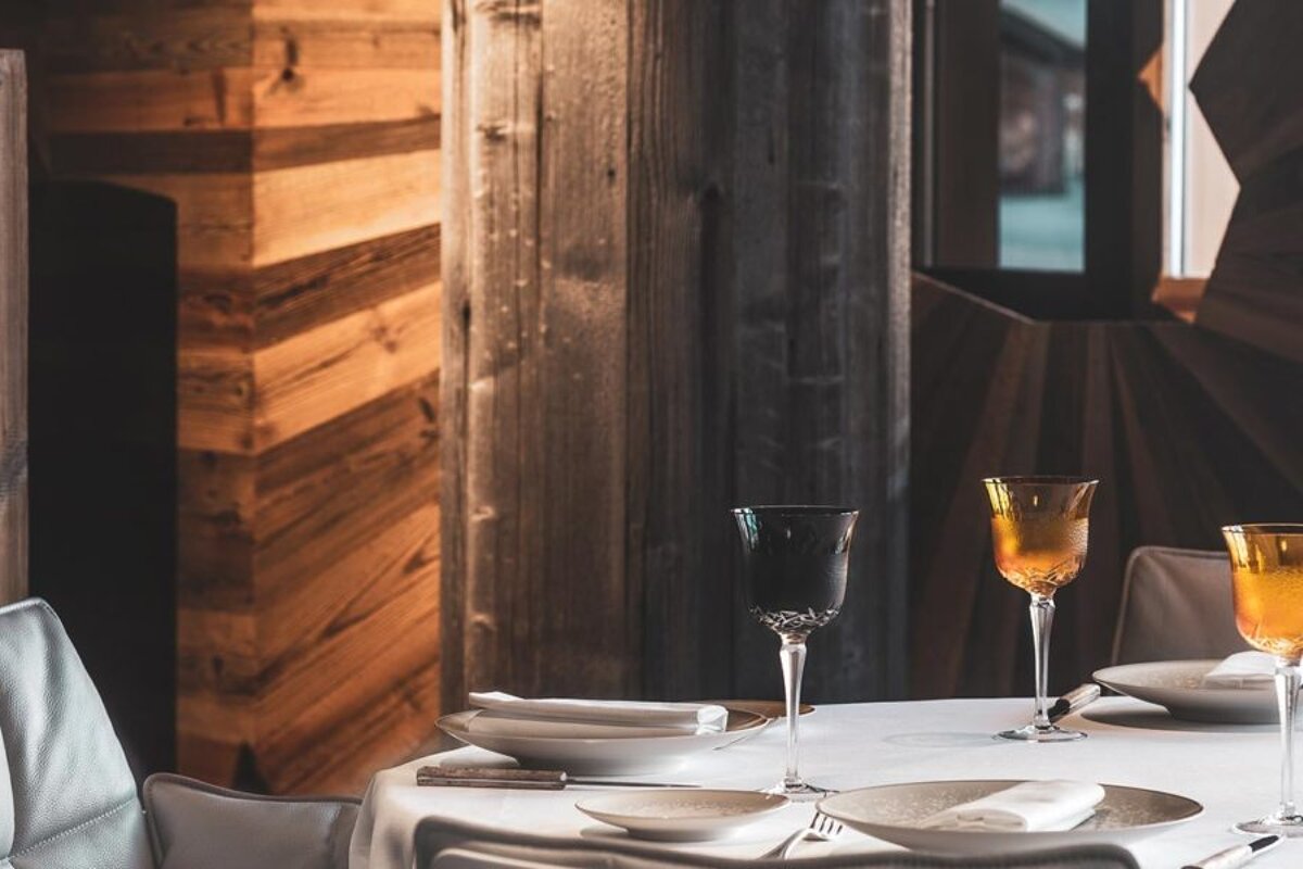 A table with plates and wine glasses on it