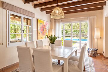 A dining room with a table and chairs and a painting on the wall