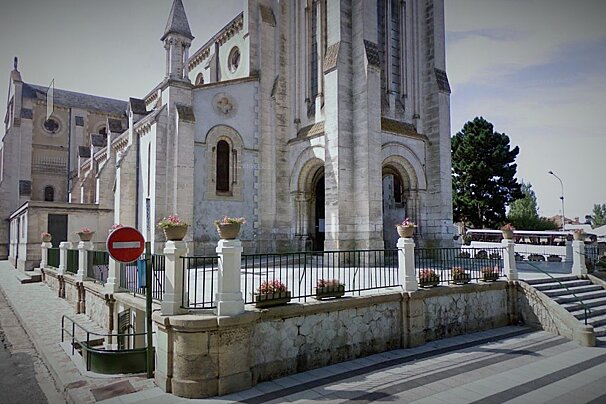 a church, looking up the front steps
