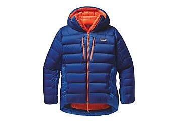 a blue down jacket