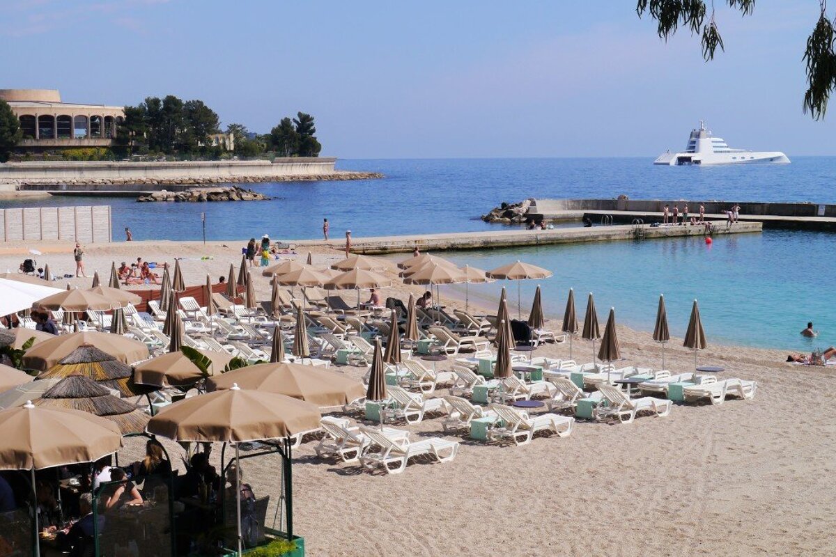 looking down on a beach club at Plage du Larvotto Beach