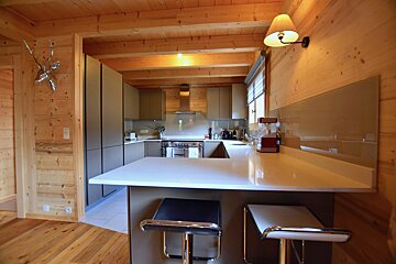 A stylish, modern kitchen with light grey cabinets and a bar, set within a rustic wooden cabin, complete with a silver deer head.